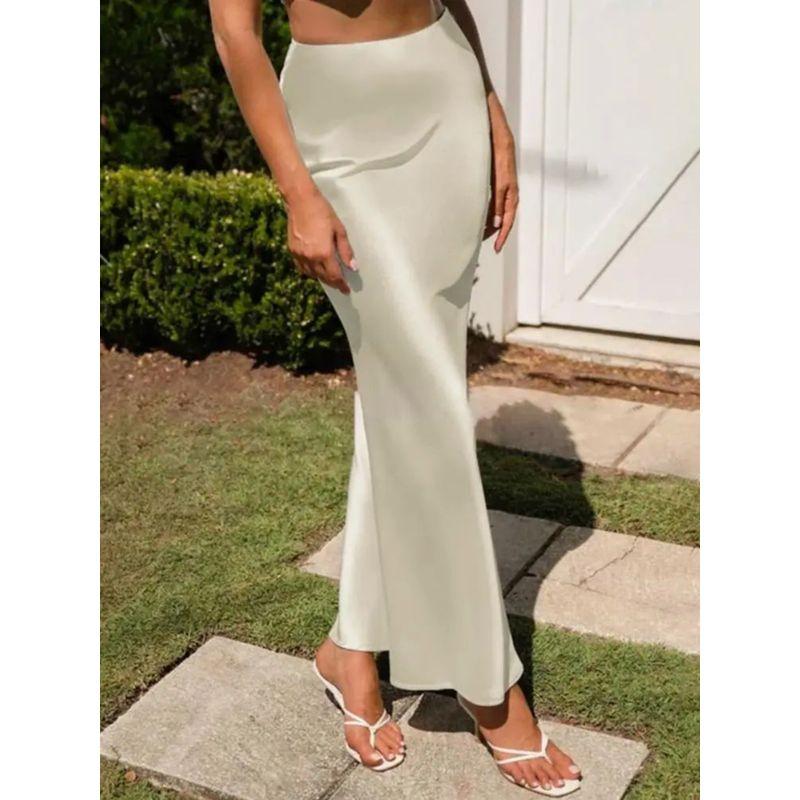 Solid Color Slim Satin Long Skirt Pure Color Casual Glossy Fishtail Dress Women