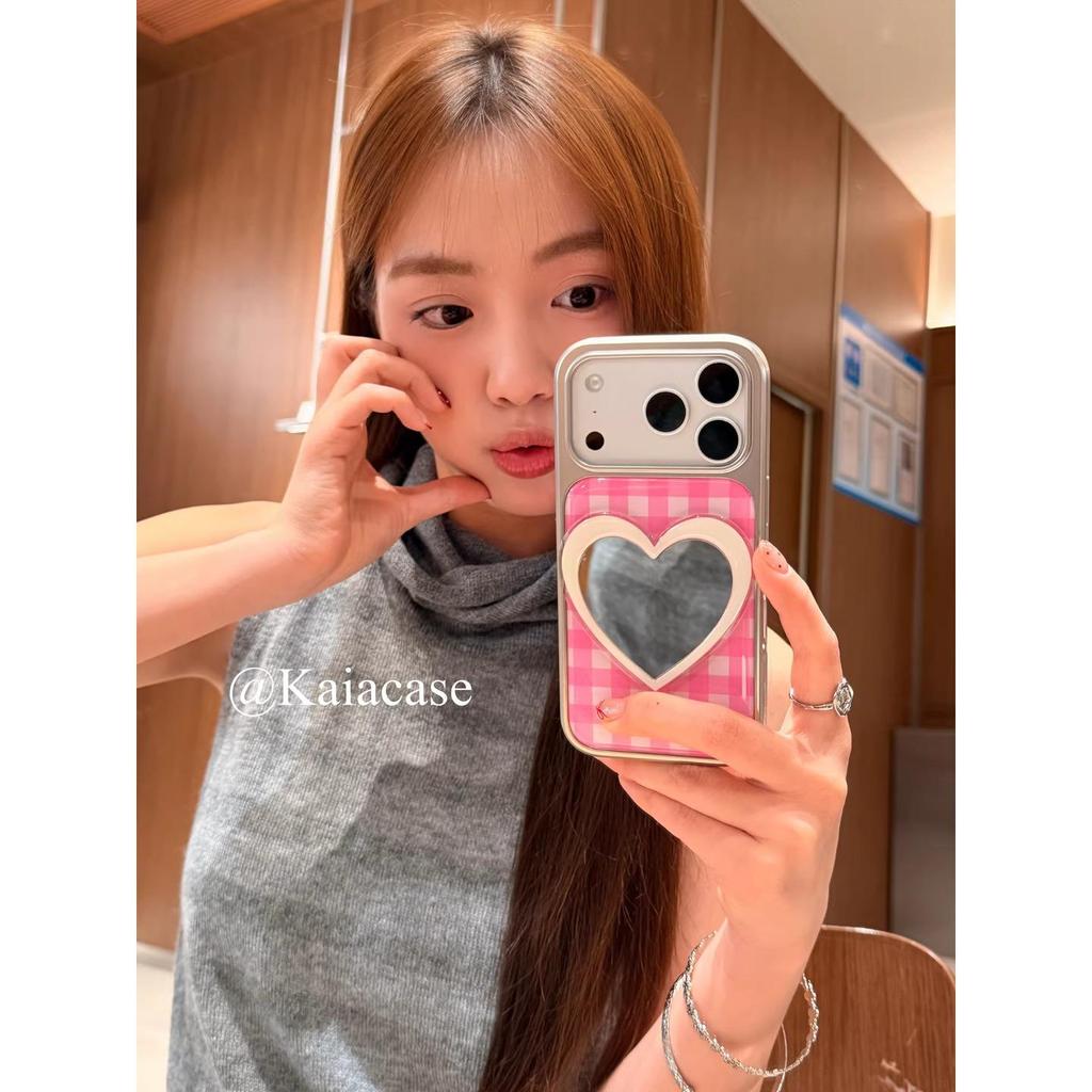 Pink Plaid Heart Mirror Phone Case for iPhone 6/7 Pro Max - Japanese Korean Style