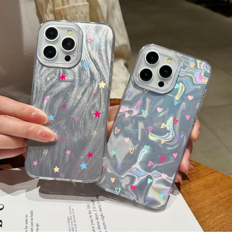 Little Flower Love Hearts Print Glitter Glossy Case For iPhone 16 15 Pro 14 Pro Max 13 12 11 Luxury Stars Pattern Shockproof Slim Clear Phone Cover