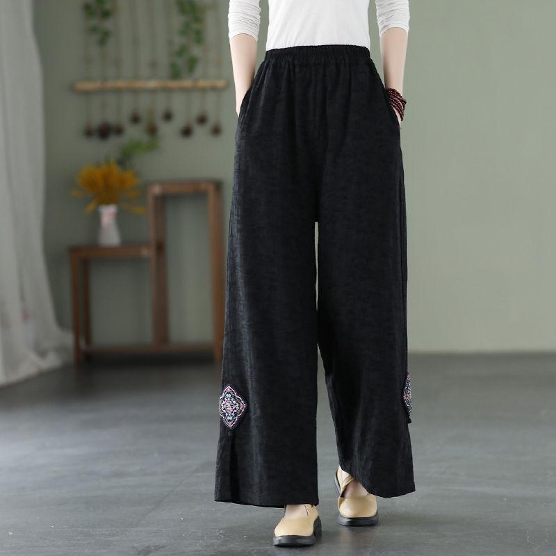 

Women s Retro Embroidered Cotton Linen Wide-Leg Cropped Pants XXXL