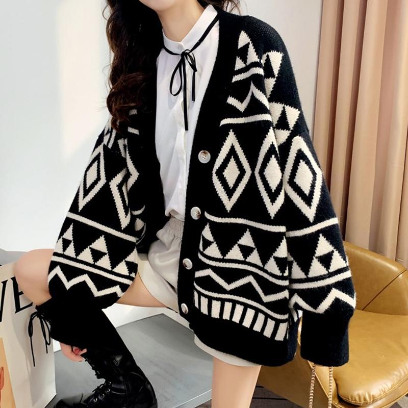 V Neck Knitted Cardigan Sweater Jacket Women's Spring Autumn Winter Long Sleeve Thickened Loose Outer Wear Coats Office Casual Simple Clothing