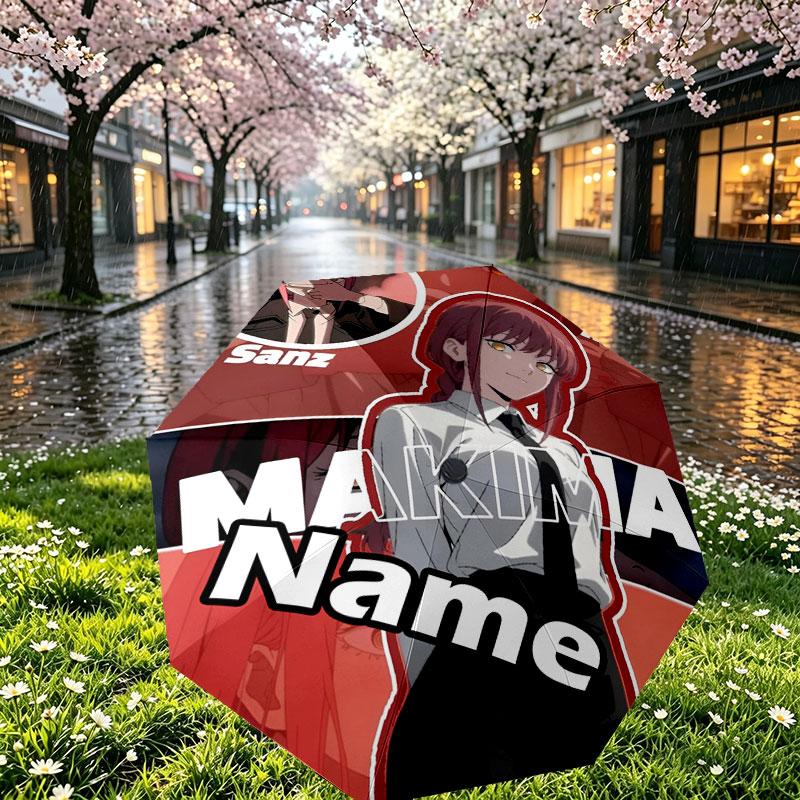 Custom Name Personalized Makima Chainsaw Man Print Umbrella, Auto Open Close, 8‑Rib Sturdy Frame, Commute Camping Hiking Use, Birthday Gift