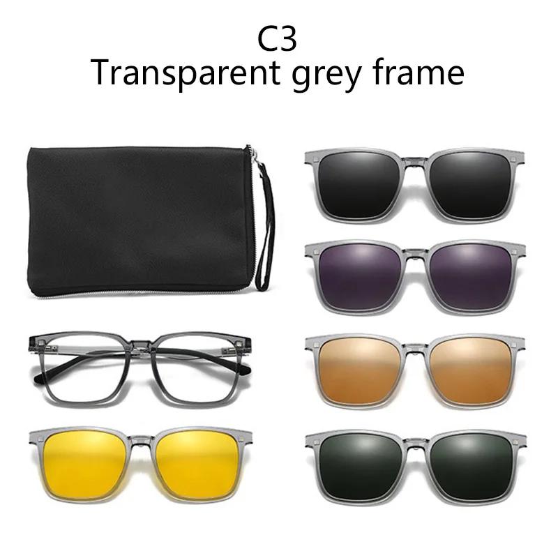 Prescription Glasses Transparent Grey Frame Myopia -0.5 To -10 Square Frame Magnetic Sunglasses Clip Blue Light Blocking 6 IN 1