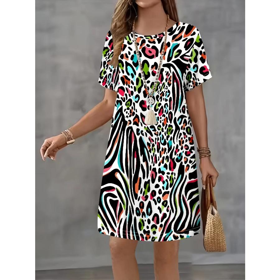 Women's Black & White Retro Geometric Circle Print A-Line Dress - Short Sleeve Round Neck Casual Mini Skirt  Y2k Ladies Clothes