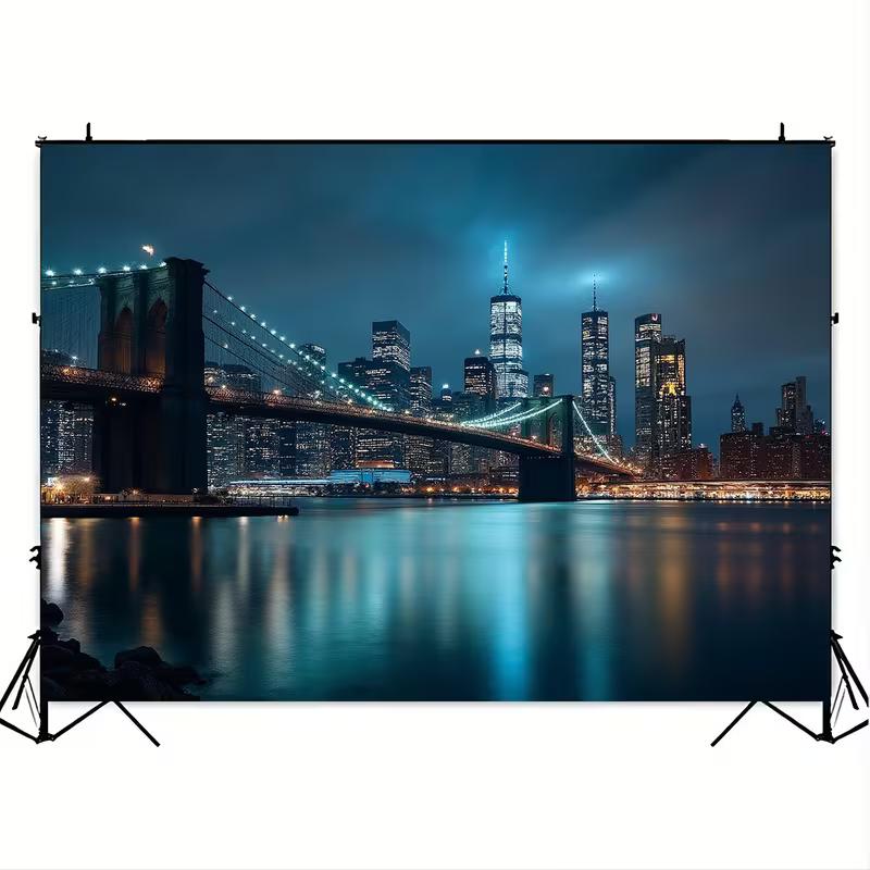 2D Brooklyn Bridge Backdrop, New York City Night Scene Background for Urban Themed Deco