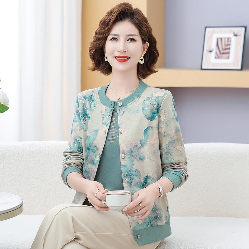 

Elegant Floral Knit Cardigan & Slim-Fit Suit for Middle-Aged and Elderly Women, Spring/Autumn Collection 4XL (recommended 135-145 jin) зелений