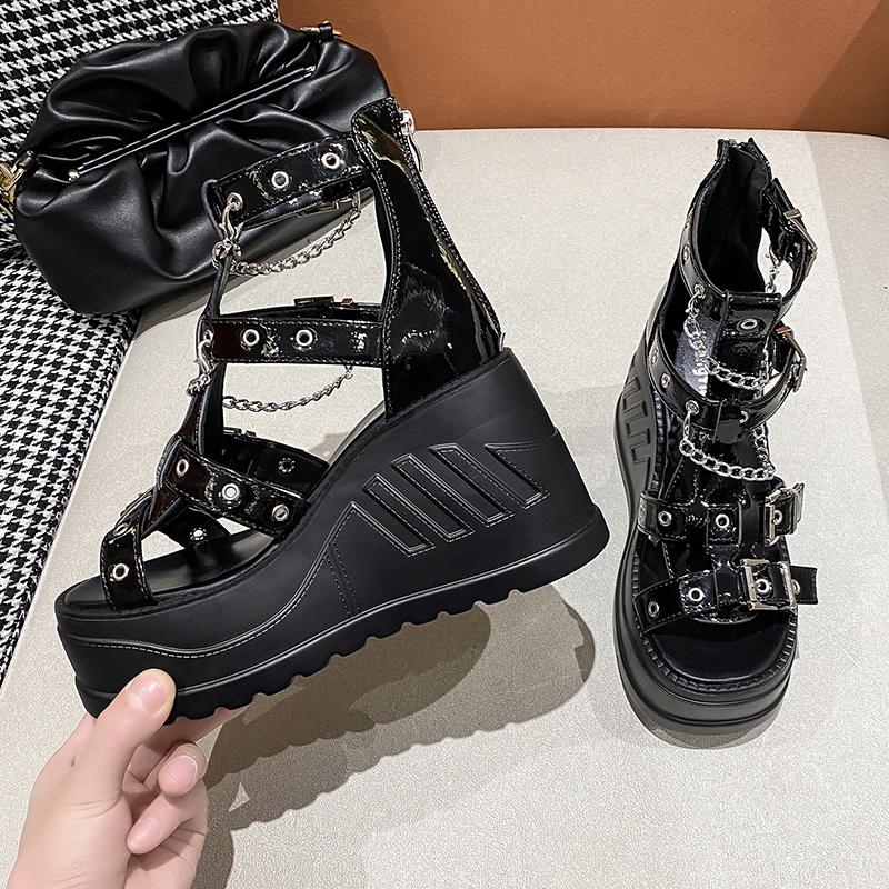 Fashion 10CM Wedges High Heels Height Increasing Peep Toe Shoes Heel Shoe Summer Gothic Buckle Platform Sandals Black Women Cool Boots