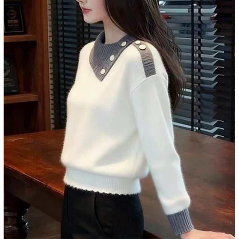 

Winter new color matching lapel knitted sweater women s casual temperament long-sleeved top One size fits all білий