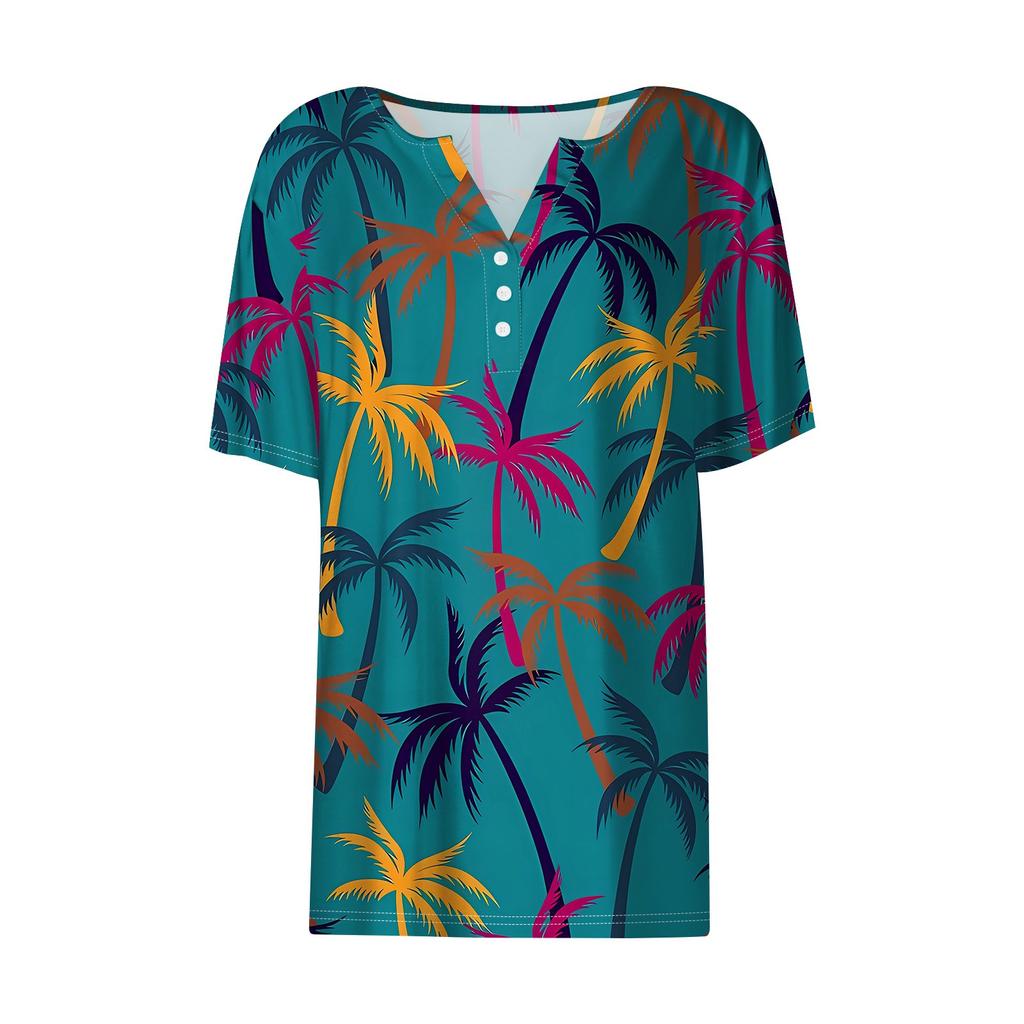 Women's T Shirt Hawaiian Print Button Short Sleeve Daily Weekend Fashion Basic V- Neck Regular Top