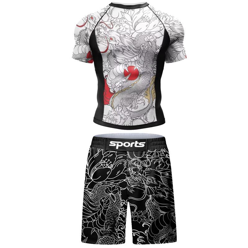 2 PCS Sports Suit Bjj Jiu Jitsu Gi Rashguard+MMA Shorts Muay Thai Pants Cool Boxing Grappling Wear Gym Fitness Running Clothes