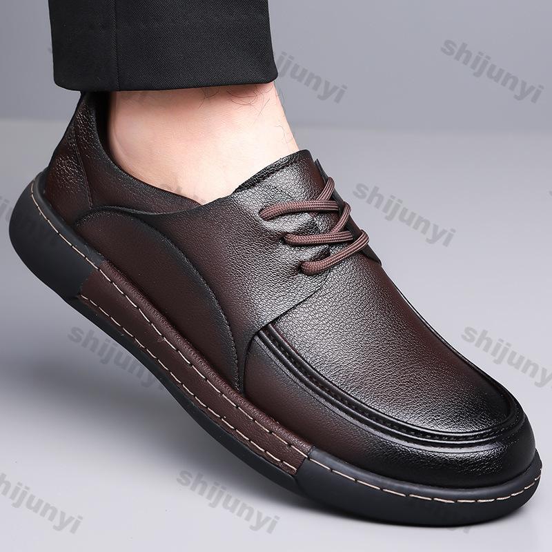 Men's Casual Leather Shoes 2026 Spring Autumn New Fashion Lace Up Soft Sole Loafers Comfortable Outdoor Height Increase Flats