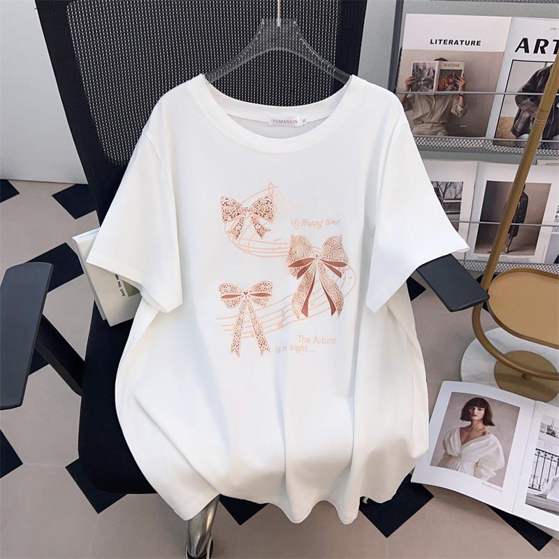 Women's Plus Size Loose Mid-Length Round Neck Short-Sleeve T-Shirt (Sizes 200/300/350 Jin)