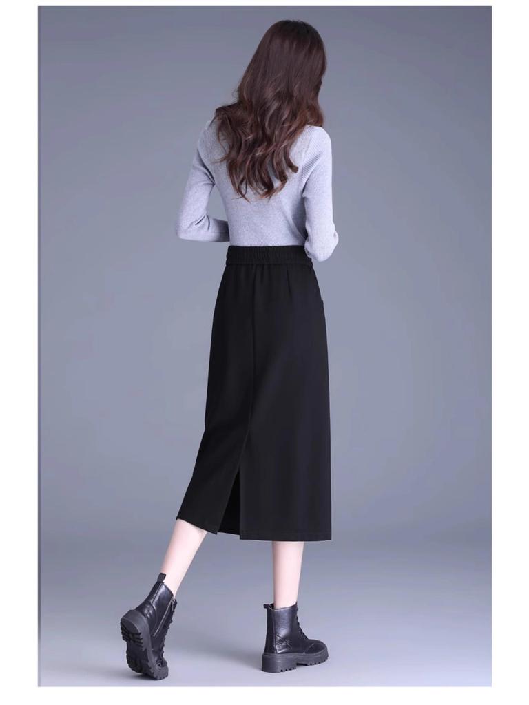 Plus Size Mid-Length Bodycon Slit Skirt for Autumn/Winter - Available With or Without Fleece