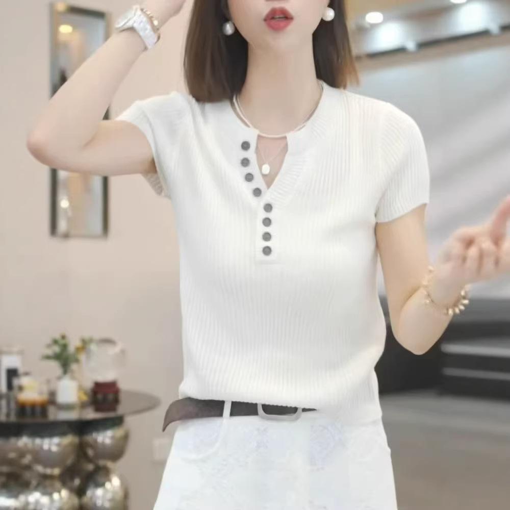 Simple casual semi-open neck knitted short-sleeved t-shirt women's 1116 summer temperament thin versatile bottoming shirt top