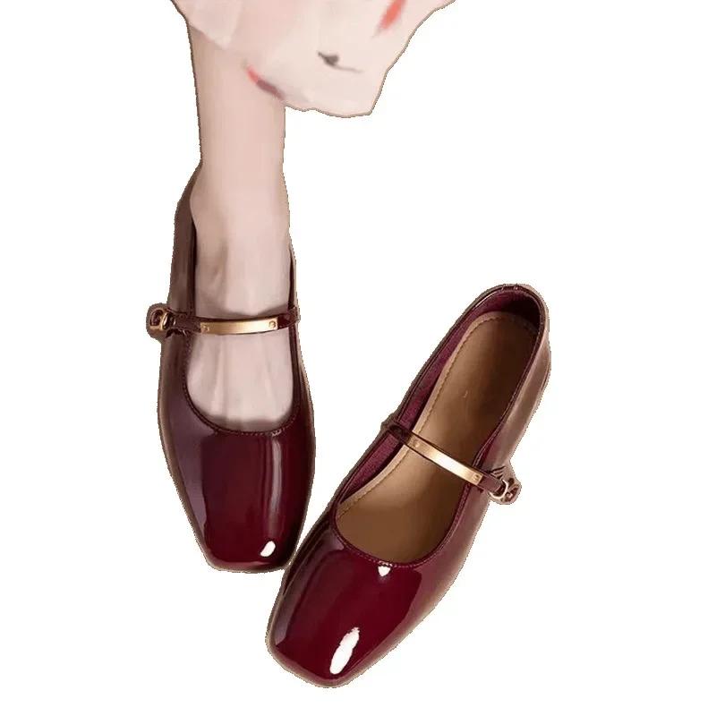 Red Genuine Soft Leather Mary Janes Women's Shoes Spring New Style Retro Hepburn Style Slip-On French Style Patent Leather
