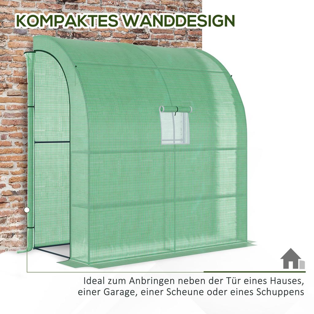 Walk-In Lean to Wall Greenhouse with Windows and Doors, Outdoor Green House with 3 Tiers 4 Wired Shelves, 200L x 100W x 215Hcm, Green