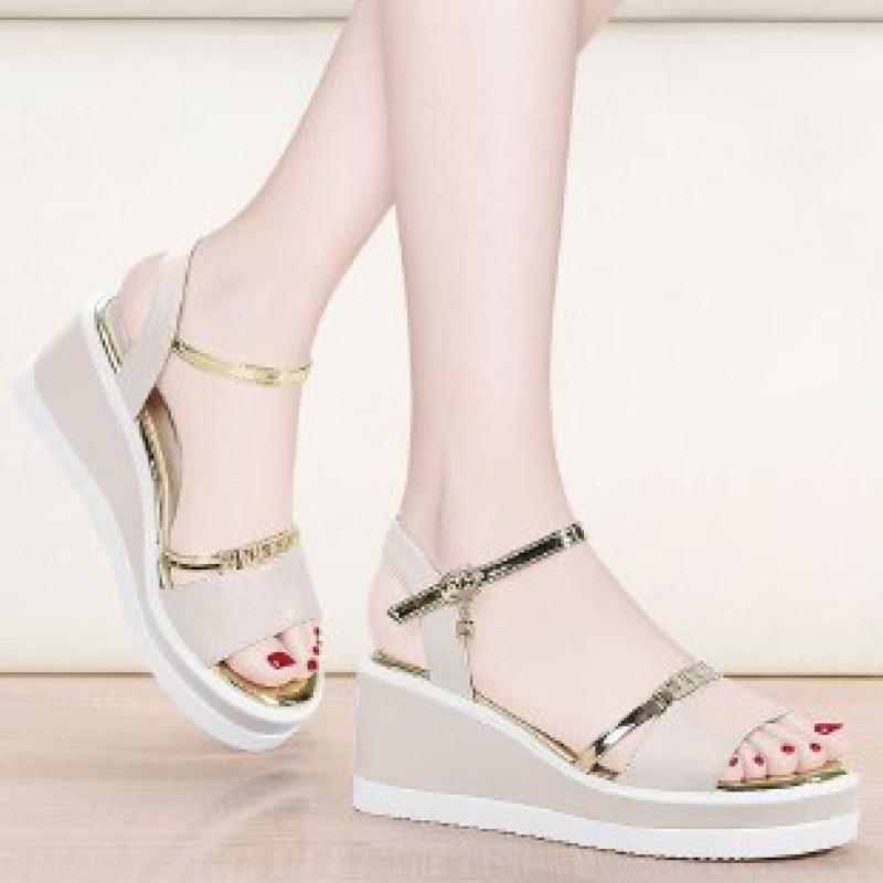 Soft Leather Sandals Women's Summer New Wedge Heel Sandals Versatile Comfortable Medium Heel Thick Sole Korean Version of High Heel Women's Shoes Tide