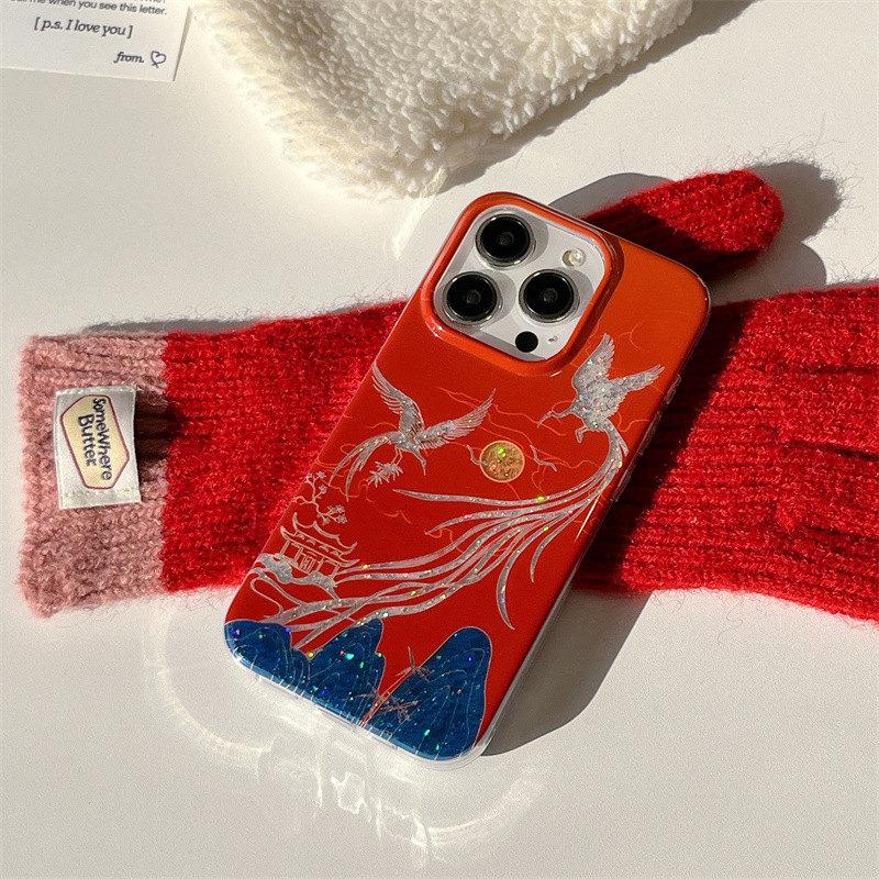 

Сверкающий блестящий чехол для телефона в китайском стиле с изображением журавля для iPhone 13 14 15 16 Pro Max, мягкий чехол iPhone 13 красный