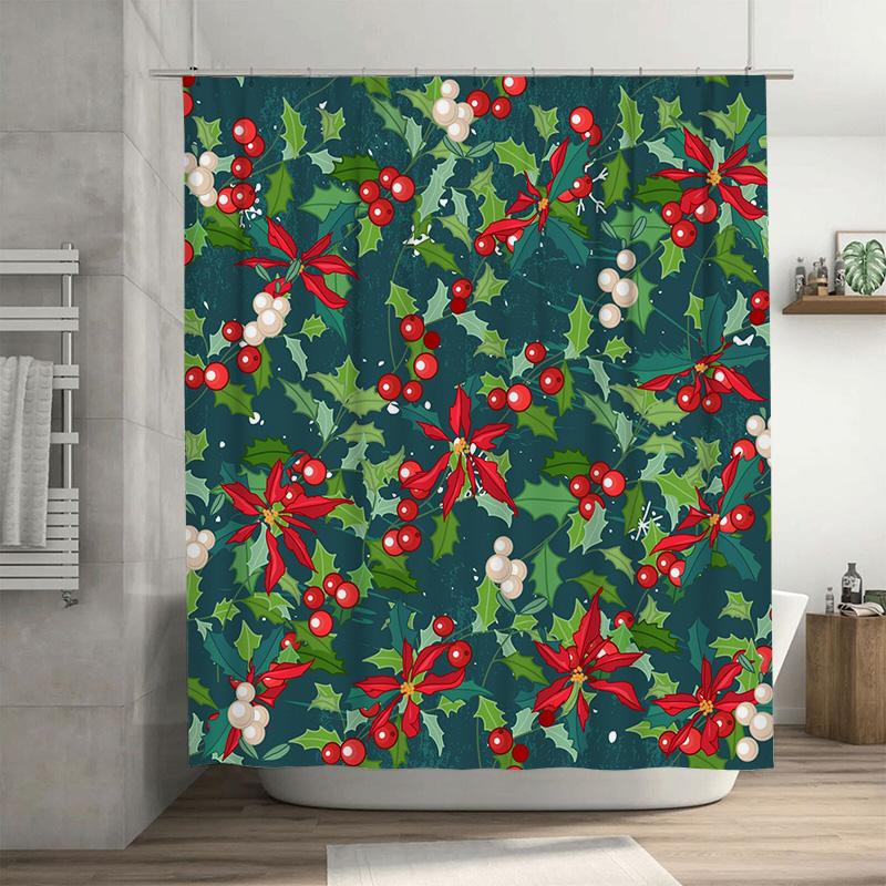 

TU Festive Christmas Poinsettia Shower Curtain Waterproof Holiday Floral Bathroom Decor Set Red Green Xmas Holiday Home Textile 90x180cm35x71in