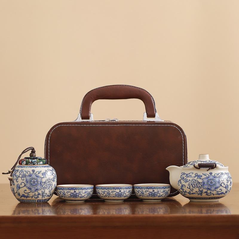 Hand-held Pot Twisted Lotus Portable Blue and White Travel Tea Set Kuaike Ru Kiln One Pot Three Cups Kuaike Cup Outdoor Gift