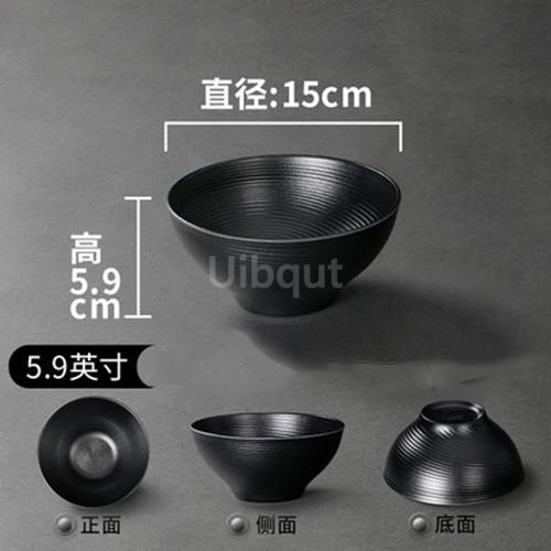 Black Melamine Tableware Black Matte Stripe Ramen Bowl Plastic Household Rice Noodle Salad Bowl Kitchen Dumpling Ramen Bowl Set