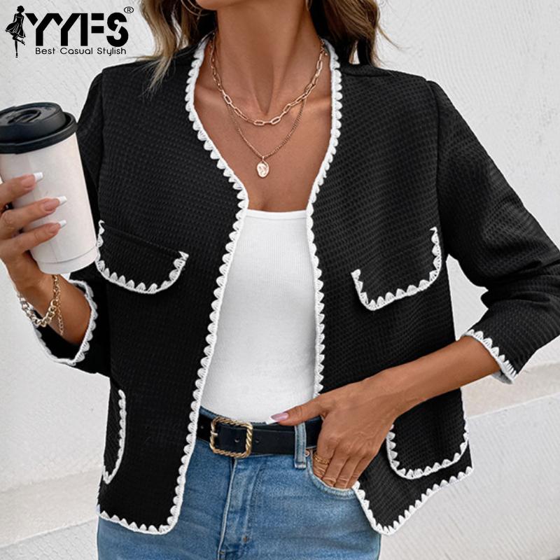 YYFS Women's Fashion Casual Lace Print Autumn Winter Long Sleeve V-Neck Jackets & Coats