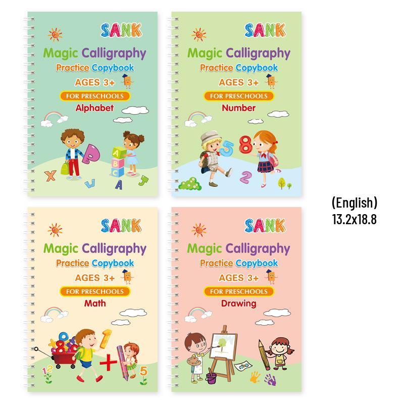 Многоязычная детская книга для практики каллиграфии: Английский, Немецкий, Французский, Арабский, Русский, Испанский - Управление Волшебной Ручкой 5 Refills OPP Bag