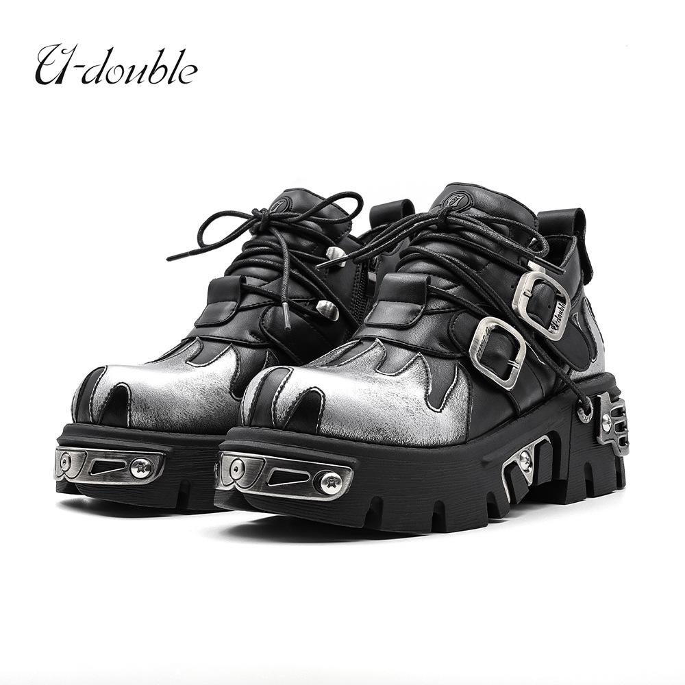 

Металлические ботинки с резьбой в виде пламени в стиле дарк-панк на низкой подошве 42 чёрный