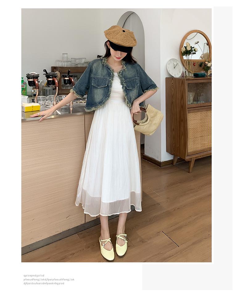 Damen Retro Hong Kong Stil Quasten Jeansjacke - Kurzarm, Raw Edge, Lockere Passform für Frühling/Sommer 2024