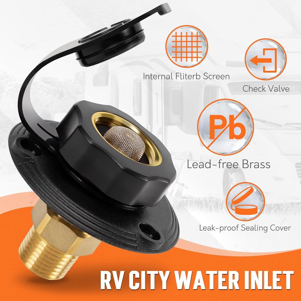TONDA RV City Water Inlet With Check Valve, Brass Thread RV Water Fill Inlet Replacement, RV Water Hose Connector For Camper, Trailer, Motorhome