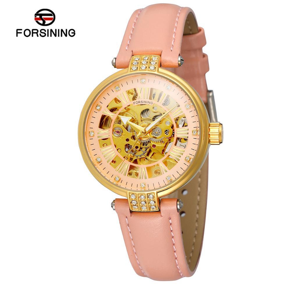 

Forsining Новые женские модные и досуговые полые механические часы со стразами, водонепроницаемые механические часы розовый