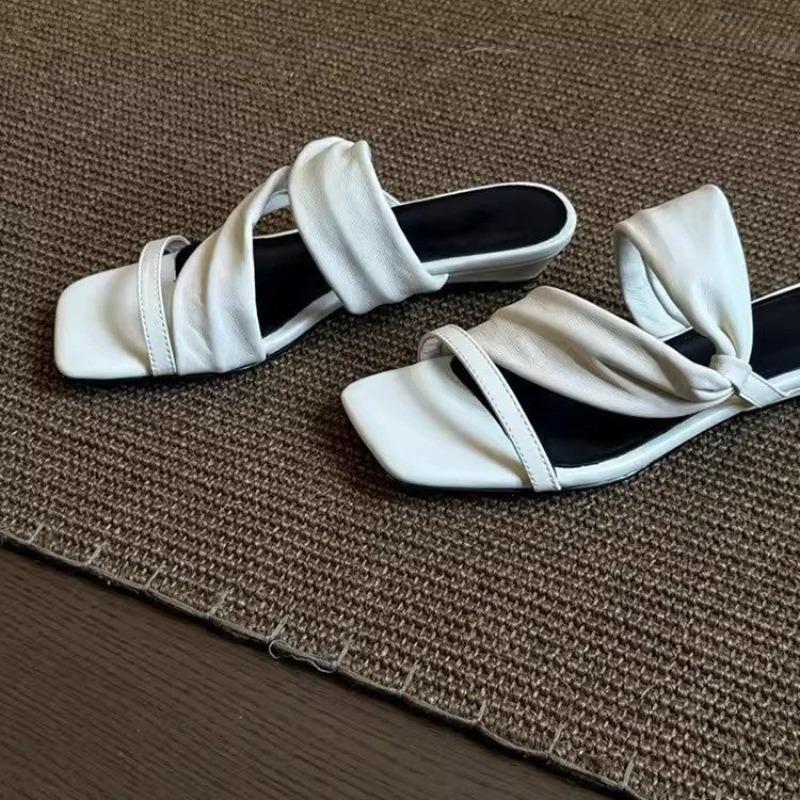 High-end Square Head Kinked Sandals, Summer Wear Low-heeled Soft-bottomed Pleated Design Lazy Slippers