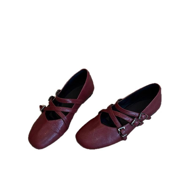 Cowhide version~ French cross belt flat Mary Jane shoes women's new versatile retro round head soft sole commuter shoes