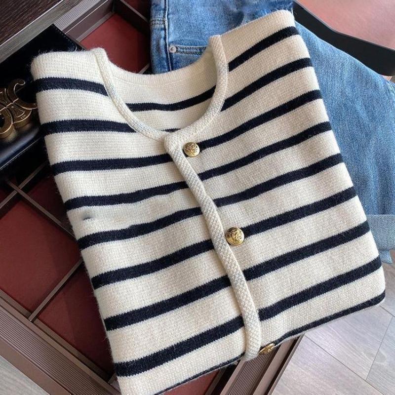 Casual Versatile Black and White Striped Knitted Cardigan Women's New Autumn and Winter Wear Short Sweater Jacket