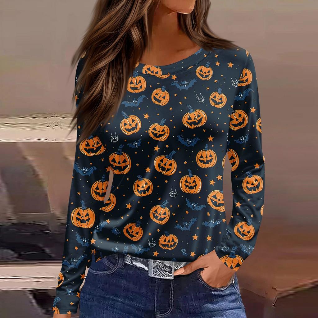 Women's Fashion Casual Slit Hem Round Neck Long Sleeve Loose Halloween Printed T-Shirt Ladies Top