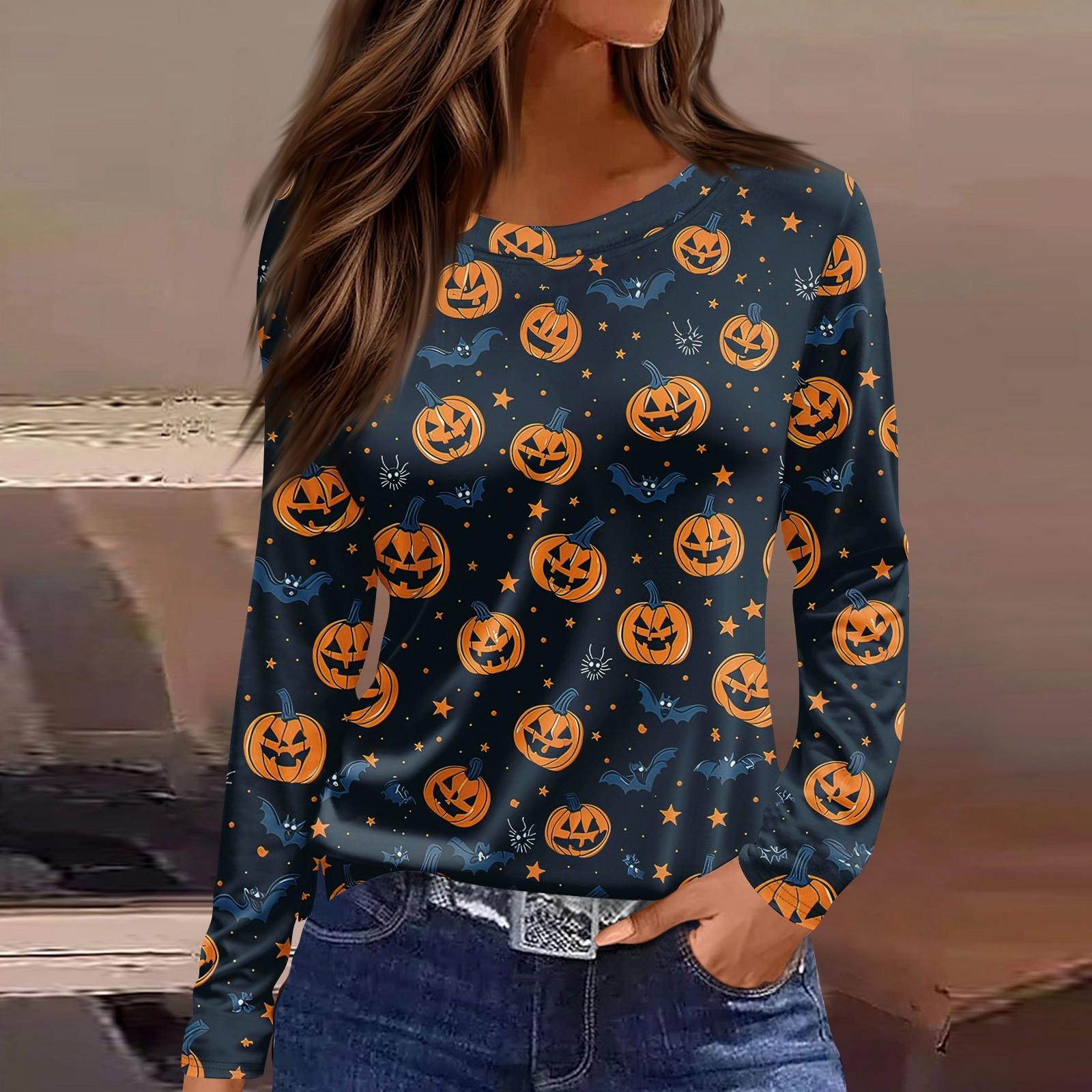 

Women s Fashion Casual Slit Hem Round Neck Long Sleeve Loose Halloween Printed T-Shirt Ladies Top XL Темно-синій