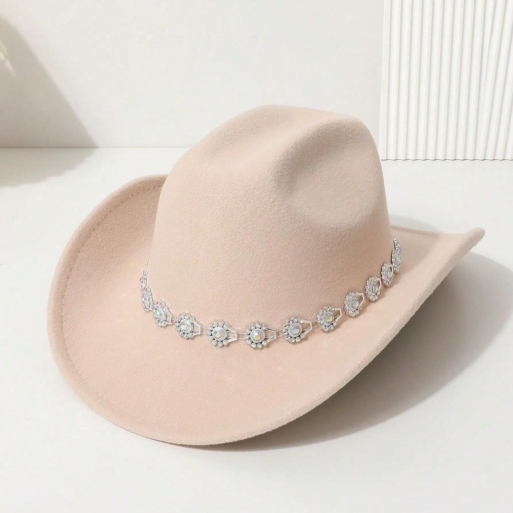Western cowboy top hat three-dimensional colored gemstone flower small round bead inlaid felt hat outing party jazz hat