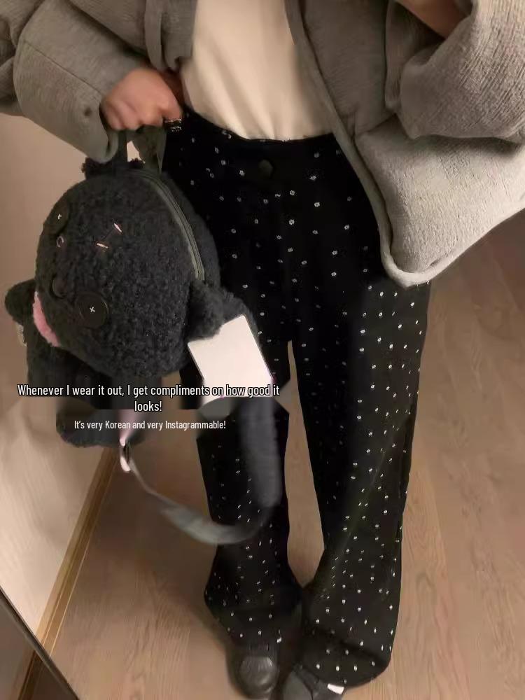 Plus Size Retro Polka Dot High Waist Wide Leg Jeans for Women - Slimming Floral Design, Spring/Autumn