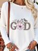 (Asian Size) Autumn Winter Spring Casual Faith Flower Cute Fashion Print T Shirt Tee Women Clothing Top O-neck Graphic Long Sleeve T-shirts