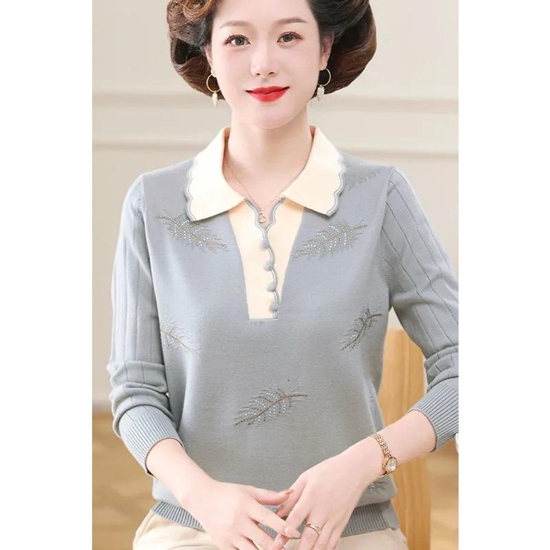 Mom Wear Spring Autumn Lapel Loose Top 2025 Middle-aged Elderly Women's Knitted Sweater Fashionable Base Shirt