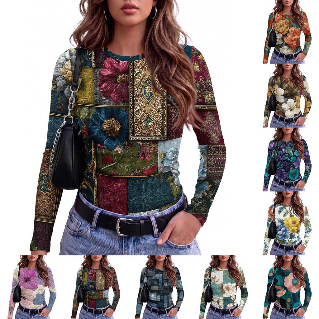 Women's Slim Fit Long Sleeve T-Shirt with Vintage Print Neck Casual Top for Everyday Wear