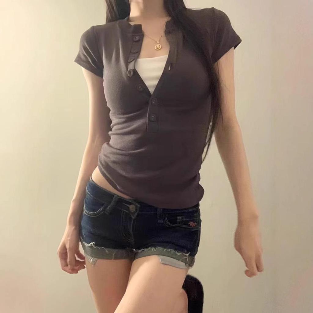 Women's Summer Shoulder Design Slim Fit Round Neck Short-Sleeved T-Shirt