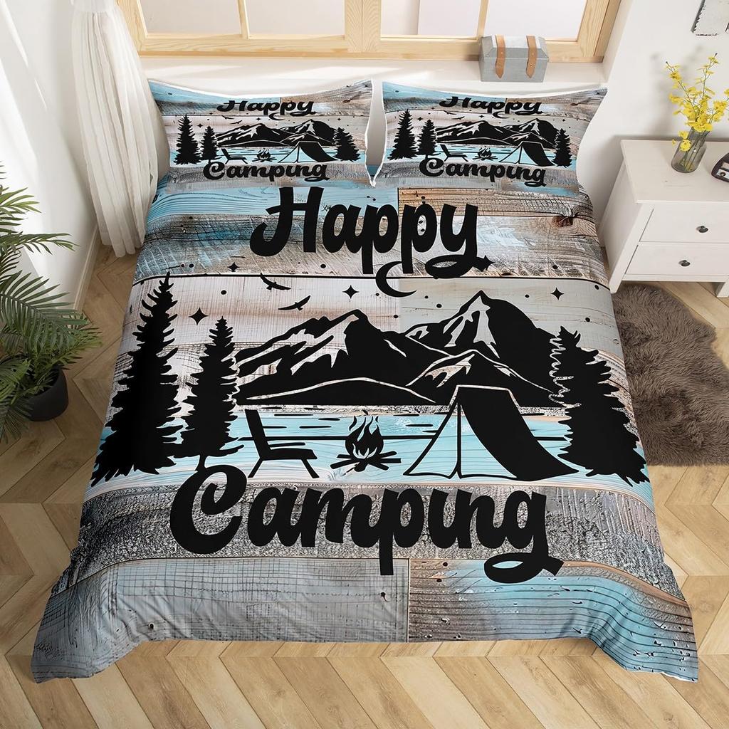 Camping Duvet Cover Lodge Cabin Camp Travel Car Bedding Set,Happy Glamping Trailer Comforter Cover Queen,Vintage Farmhouse Decor