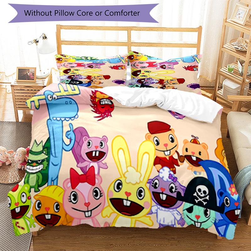 3pcs Happy Tree Friends Pattern Bedding Set Duvet Cover Set Includes Duvet Cover &pillowcases, Perfect All Season Bedroom Decoration & Gift