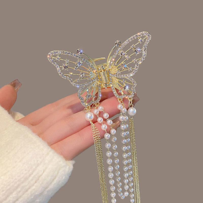 Trend Full Rhinestone Hollowed Out Butterfly Hair Clips Retro Pearl Tassel Ribbon Hair Claws Hairpins For Women Hair Accessories