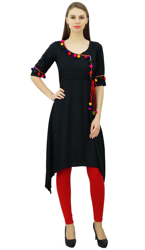 Phagun Angrakha Style Rayon Womens Tunic Kurta Pom-Pom Designer Kurti Top Indian