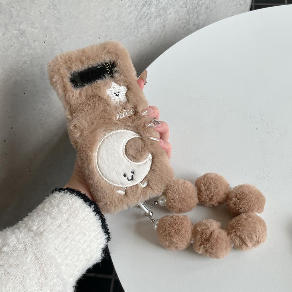 Cute Embroidered Moon Star Folding Plush Phone Case with Chain Fall Winter Warm Phone Accessories for Galaxy Z Flip 3 4 5 6