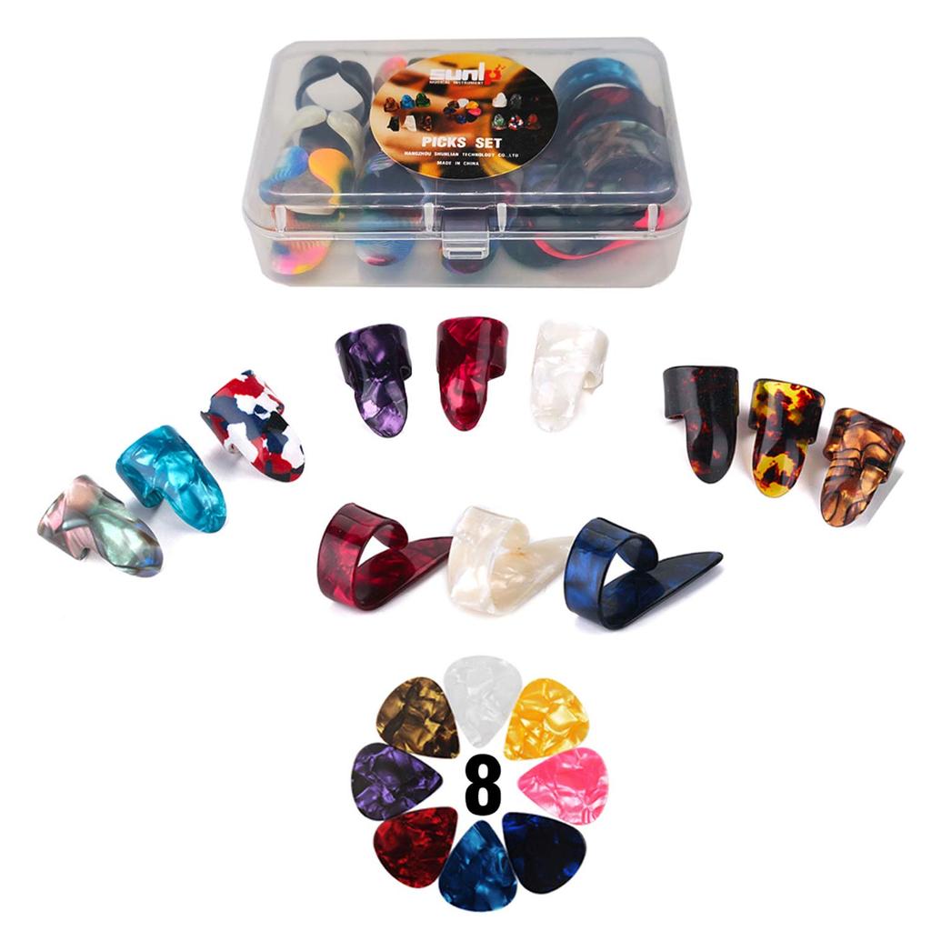 SUNLP Thumb Pick Set with 3 Thumb Picks and 9 Finger Picks for and Includes Storage Box and 8 Guitar Picks Set, 12-Piece Electric, Acoustic, Mandolin,