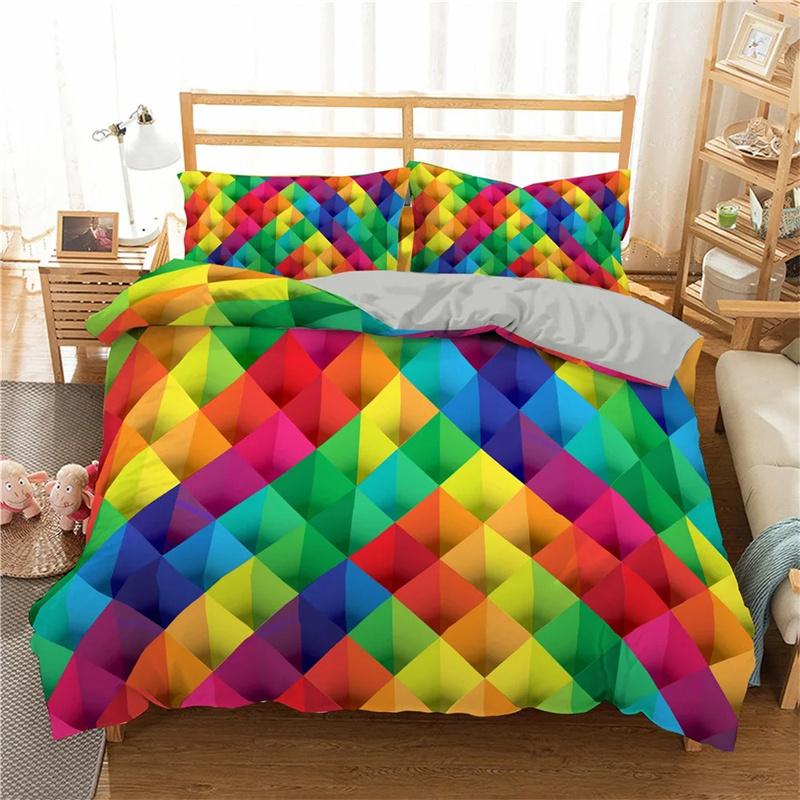 Colorful Toy King Queen Duvet Cover 3D Building Block Pattern Bedding Collection Fun Brick Quilt Cover Gradient Rainbow Comforter Cover