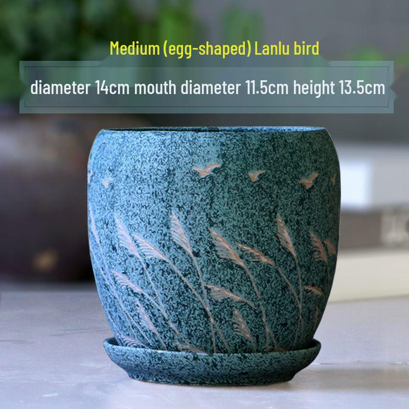 Breathable Ceramic Flower Pot with Tray for Gardenia and Succulents, Chinese Style, Large and Durable for Balcony Use.